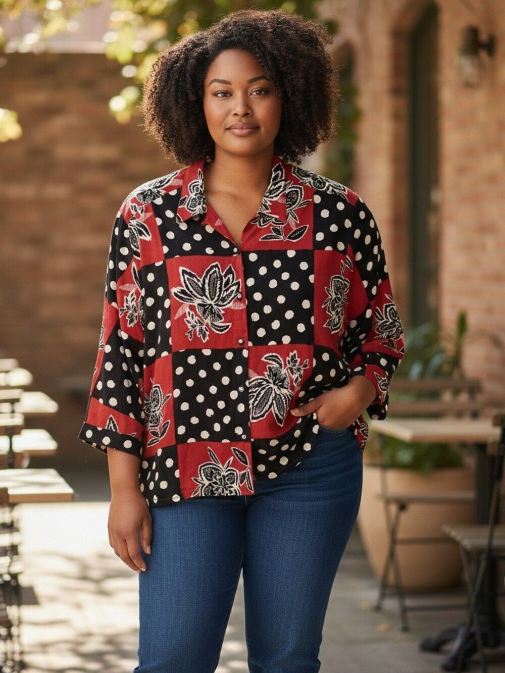 New SK & Company Size 22 Womens Shirt 3/4 Sleeve Polka Dot Floral Colorblock Top